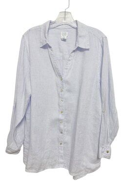 Signed Olsen 100% Linen V-Neck Button Front Blouse Size 1X Blue Stripe Resort